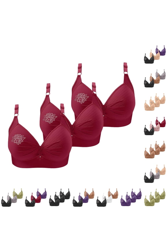 lnmuld 3 Pack Women Wireless Ribbed Bra Rhinestone Rose Embroidery Adjustable Thin Strap Solid Full Coverage Everyday Support Bra 46,Wine
