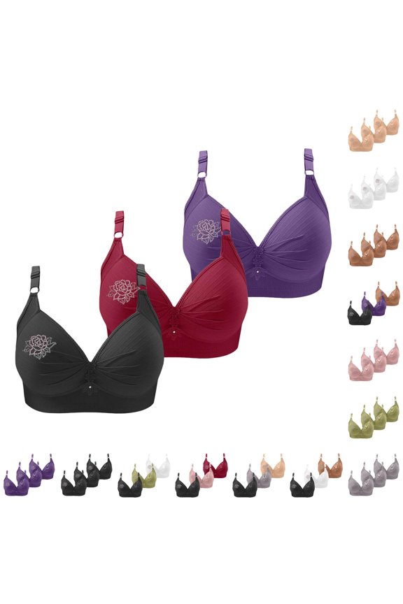 lnmuld 3 Pack Women Wireless Ribbed Bra Rhinestone Rose Embroidery Adjustable Thin Strap Solid Full Coverage Everyday Support Bra 50,Navy