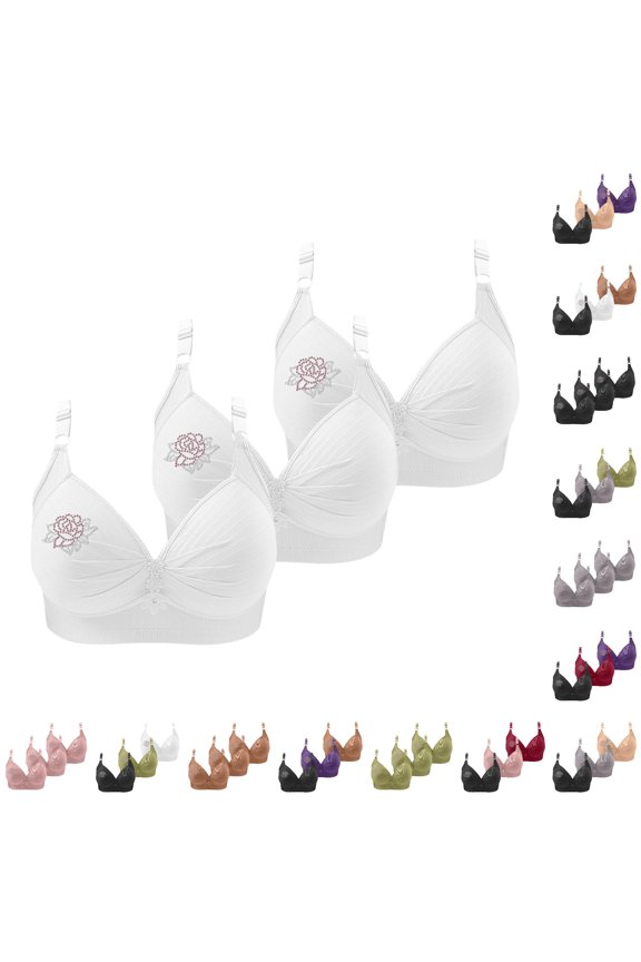 lnmuld 3 Pack Women Wireless Ribbed Bra Rhinestone Rose Embroidery Adjustable Thin Strap Solid Full Coverage Everyday Support Bra 50,White