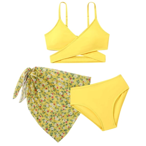 lnmuld 3 Piece Girls Swimsuit Floral Print Bikini Set with Beach Cover Up Skirt Adjustable Swimwear for Pool Size:9-10 Years