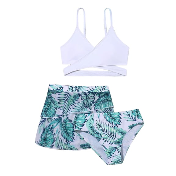 lnmuld 3 Piece Swimsuit for Girls Floral Print Bikini with Beach Cover Up Skirt Cute Bathing Suit for Kids Size:10-11 Years