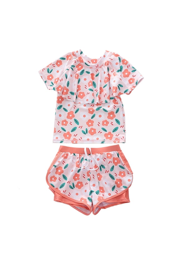 Athletic 2 Piece Rash Guard Swim Shorts Set for Girls Toddler Youth Color:Orange,Size:2-3 Years