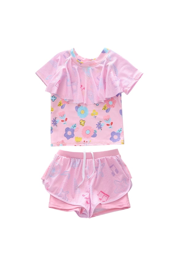 Athletic 2 Piece Rash Guard Swim Shorts Set for Girls Toddler Youth Color:Pink,Size:2-3 Years