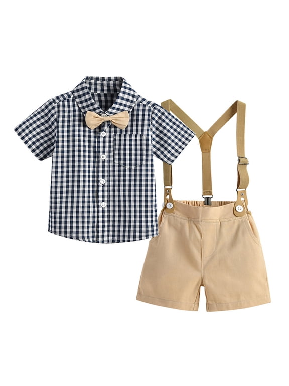 Baby Boy Suspender Outfit Set Shirt with Bow Tie and Shorts formal Wear for Wedding Birthday Party Size:18-24 Months