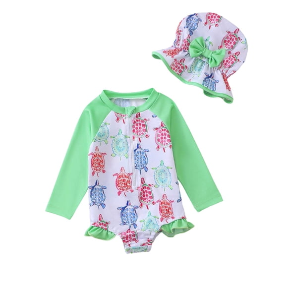lnmuld Baby Girls' Colorful Turtle Print Long-Sleeve Rash Guard Swimsuit with Matching Sun Hat Size:12-18 Months