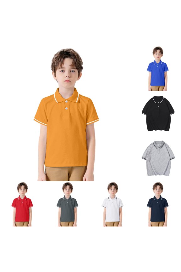 lnmuld Back to School Boys Girls Kids Short Sleeve Solid Double White Line Contrast Collar Cuff Two Button Pique Polo Shirts Breathable School Uniform Tops Size:5-6 Years