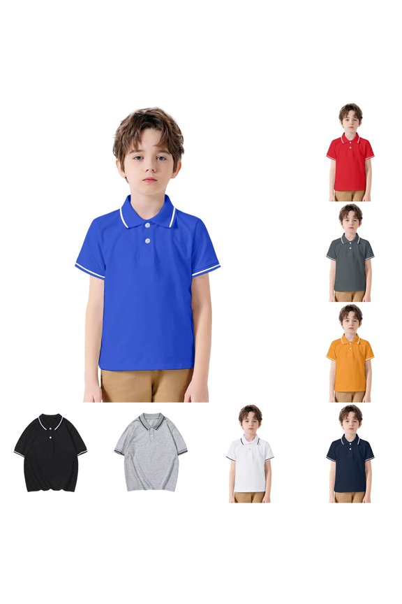 lnmuld Back to School Boys Girls Kids Short Sleeve Solid Double White Line Contrast Collar Cuff Two Button Pique Polo Shirts Breathable School Uniform Tops Size:5-6 Years