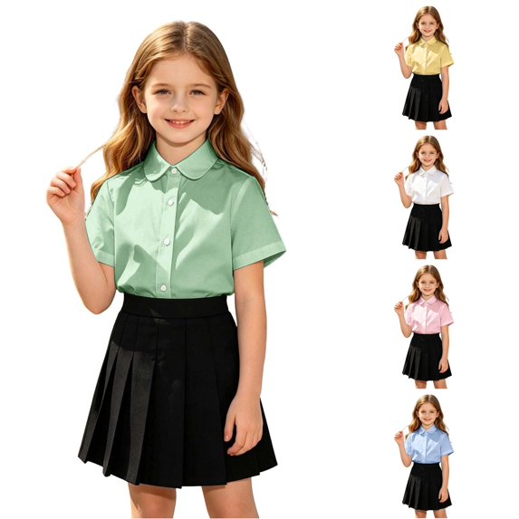 lnmuld Back to School Boys Girls Kids Short Sleeve Solid Peter Pan Collar Girls Woven Shirts Lightweight School Uniform Blouses Size:11-12 Years
