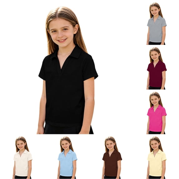 lnmuld Back to School Kids Girls Short Sleeve Solid V Notch Collar No Button Pique Polo Shirts Breathable Summer School Uniform Tops Size:13-14 Years