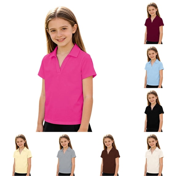 lnmuld Back to School Kids Girls Short Sleeve Solid V Notch Collar No Button Pique Polo Shirts Breathable Summer School Uniform Tops Size:9-10 Years