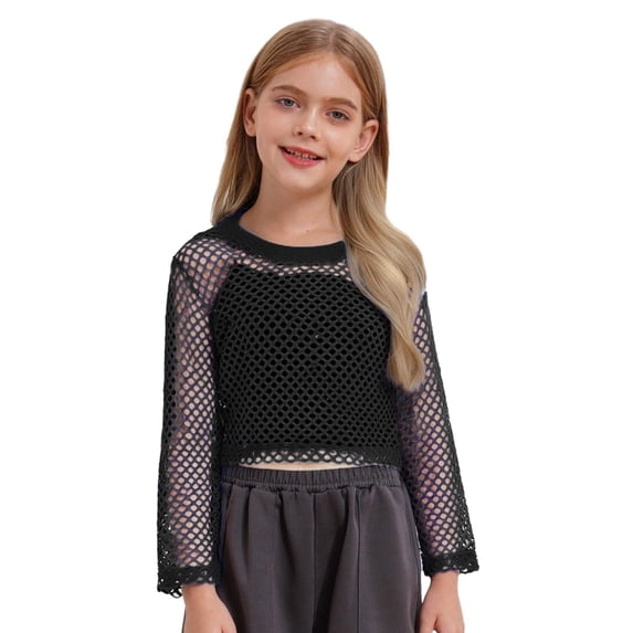 lnmuld Big Girls & Tweens Long Sleeve Mesh Hollow Out Blouse, Casual Top Sizeï¼11-12 Years