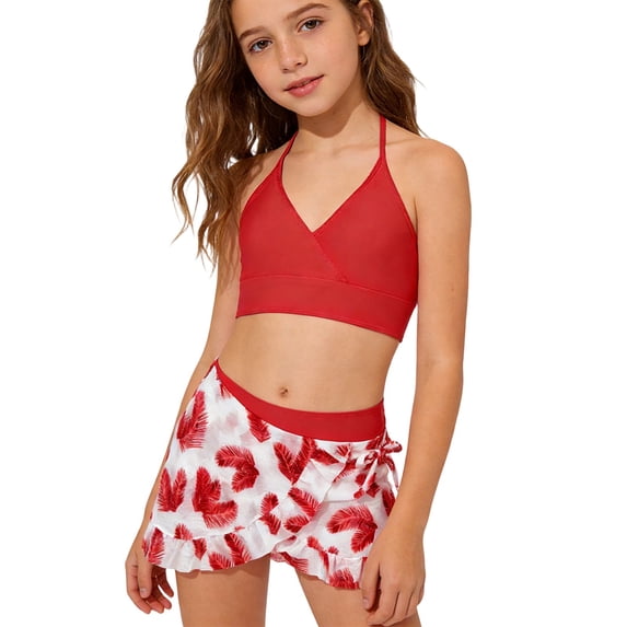 lnmuld Big Kid Girls 3 Piece Swimsuit Set Ruffled Trim Matching Cover Up Skirt Size:11-12 Years