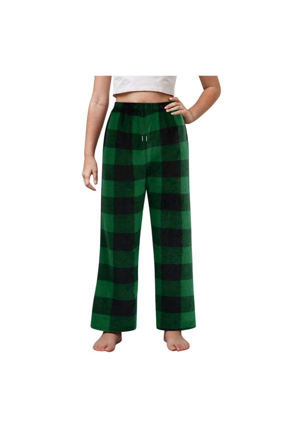 lnmuld Big Kids Grid Straight Leg Lounge Pants Stretch Drawstring Waist Cold Weather Daily Sleep Casual Bottoms for Boys Girls Color:Green,Size:7-8 Years