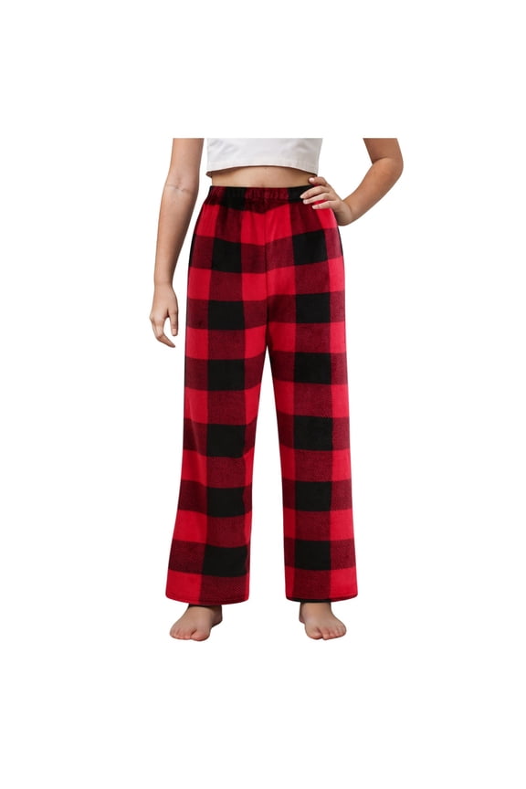 lnmuld Big Kids Grid Straight Leg Lounge Pants Stretch Drawstring Waist Cold Weather Daily Sleep Casual Bottoms for Boys Girls Color:Red,Size:7-8 Years