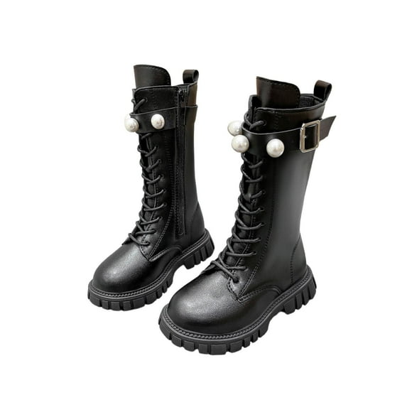 lnmuld Boots for Girls Stylish Girls High Top Ankle Winter Boots with Elegant Pearl Buckle Design for Youth Casual and Dress Occasions Size:5-5.5 Years