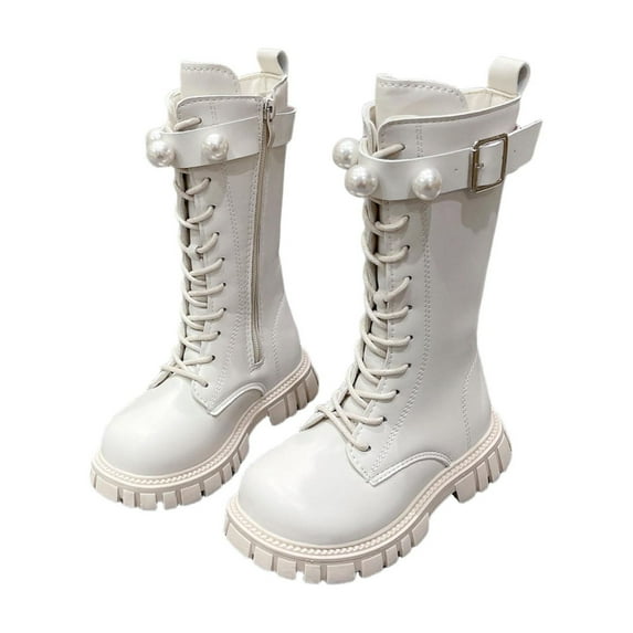 lnmuld Boots for Girls Stylish Girls High Top Ankle Winter Boots with Elegant Pearl Buckle Design for Youth Casual and Dress Occasions Size:8-9 Years