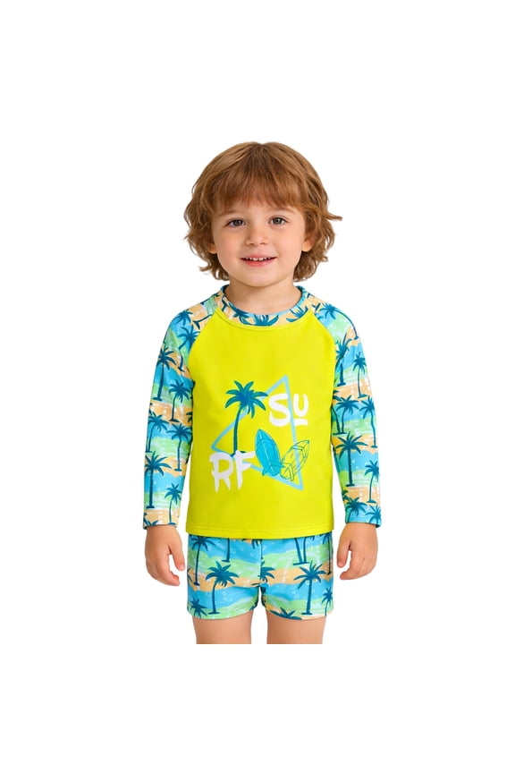 Boys 2-Piece Long Sleeve Rash Guard Swim Set Tropical Print Sun Protective Beachwear Color:Multicolour,Size:9-12 Months