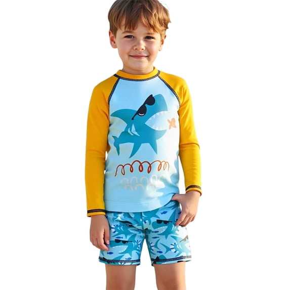 lnmuld Boys 2-Piece Rash Guard Swim Set, Long Sleeve Sun Swimsuit & Printed Swim Trunks Size:6-7 Years