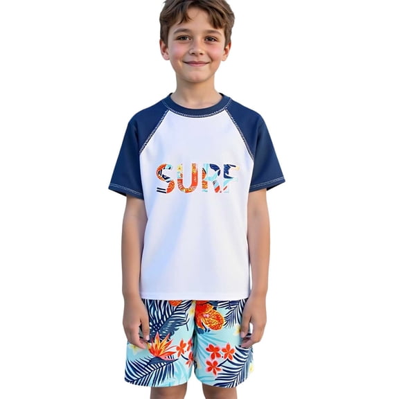 lnmuld Boys' 2-Piece Short Sleeve Rash Guard Set - Beach Shorts for Summer Swim Surfing Color:White,Size:7-8 Years