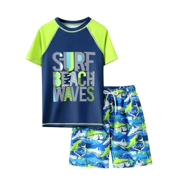 lnmuld Boys 2-Piece Swim Set Short Sleeve Rash Guard Shirt and Trunks with Prints for Summer Beach and Pool Activities Size:8-9 Years