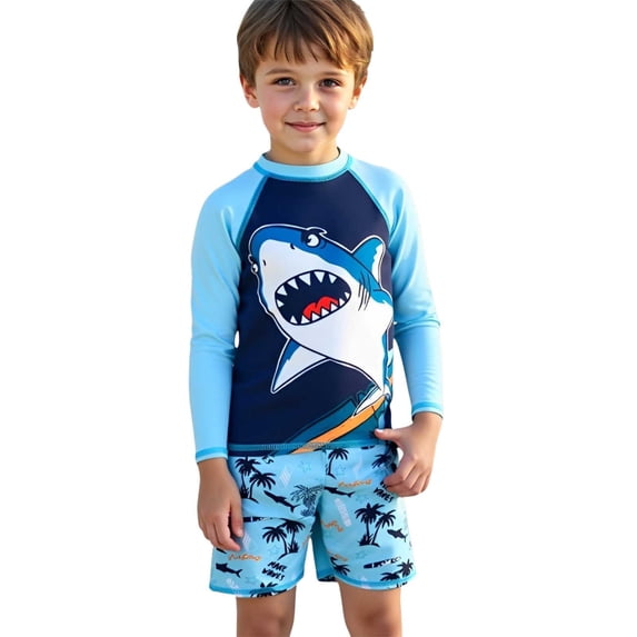 lnmuld Boys 2-Piece Swim Set, UPF 50+ Long Sleeve Rash Guard & Matching Swim Trunks, Tropical Print Size:5-6 Years