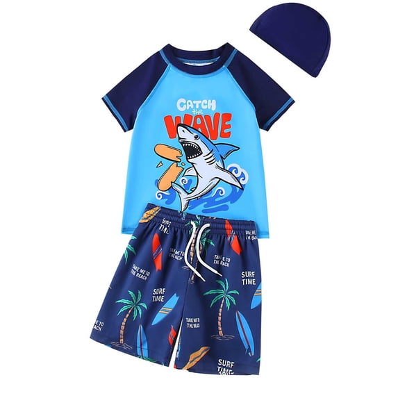 lnmuld Boys' 2 Piece Swimsuit Set Cartoon Print Swim Shirt with Beach Shorts for Summer Swimming Size:3-4 Years