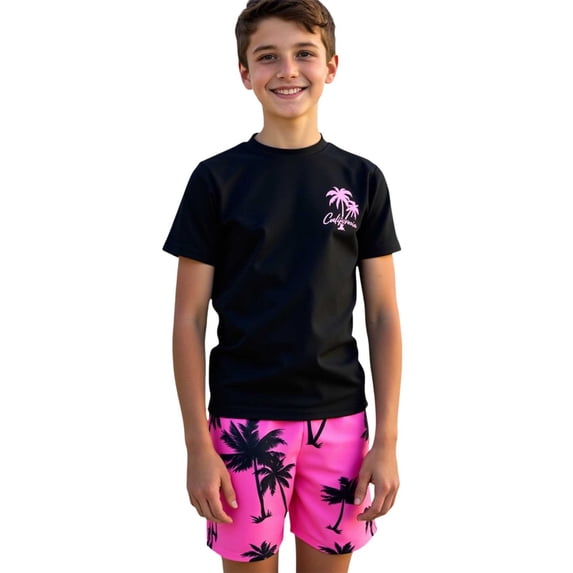 lnmuld Boys 2 Piece Tree Print Swim Set Short Sleeve Rash Guard Top Board Shorts Summer Beach Pool Size:9-10 Years