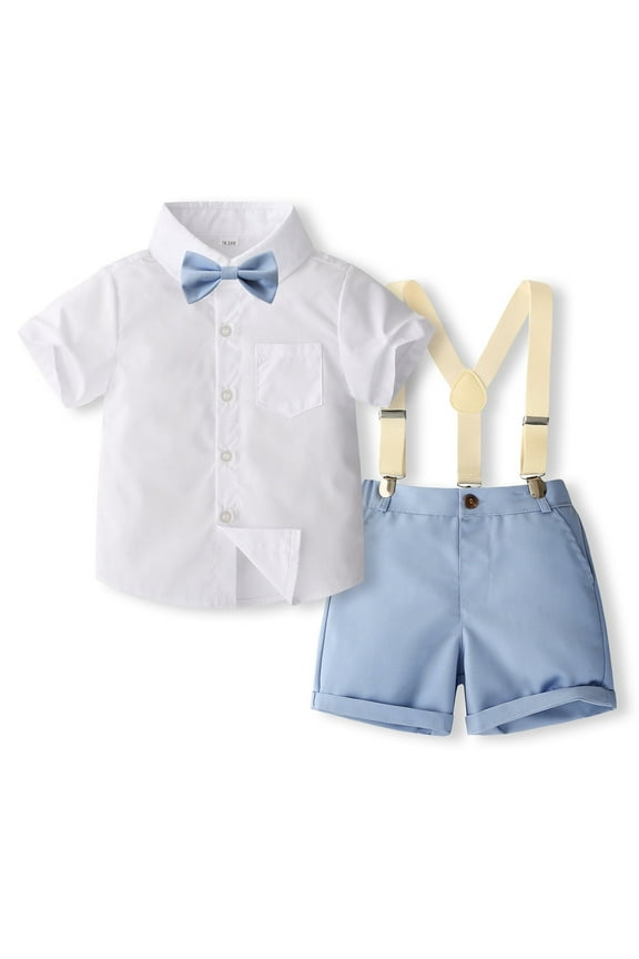 Boys 2 Piece formal Suit Set Classic Shirt with Adjustable Suspenders Smart Casual Outfit for Summer Occasions & Events Size:3-4 Years