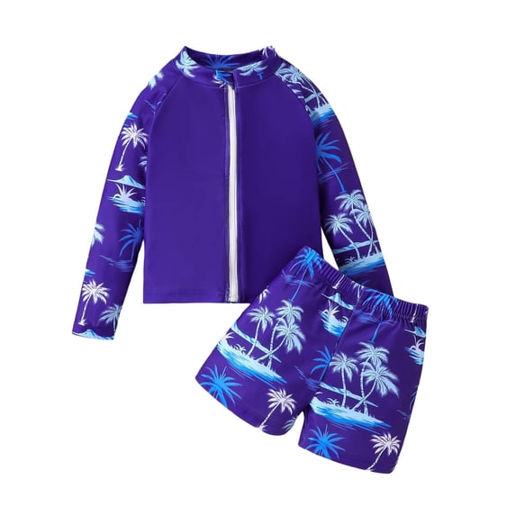 lnmuld Boys' Dinosaur Football Print Long Sleeve Zip Up Rash Guard & Swim Trunks Two Piece Swimwear Set Size:4-5 Years