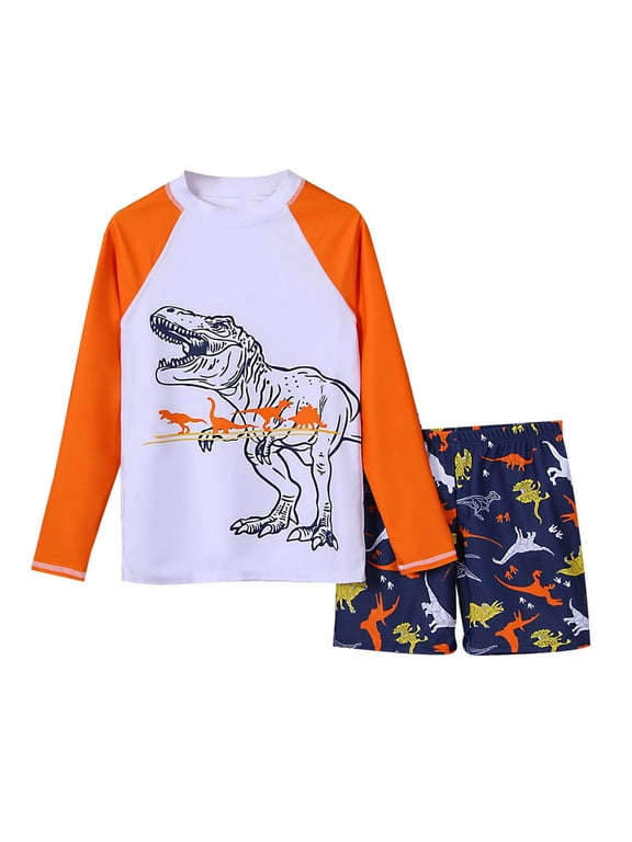 Boys Dinosaur Print 2-Piece Rash Guard Set UPF 50+ Sun Protective Beach Pool Surfing Color:Multicolour,Size:9-10 Years