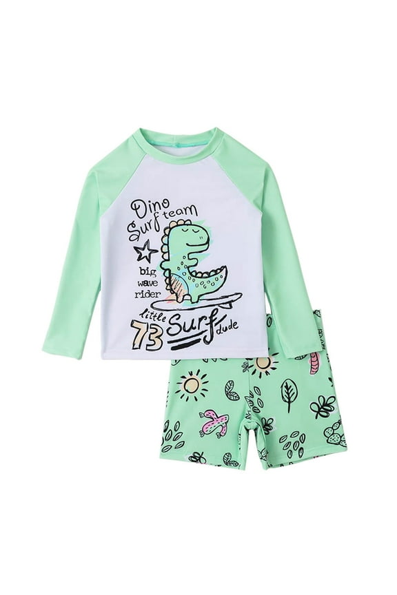 Boys' Dinosaur Print Long Sleeve Rash Guard and Swim Trunks Set Two Piece Swimsuit for Beach Surfing Size:7-8 Years