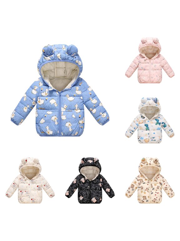 lnmuld Boys & Girls Fall Winter Long Sleeve Hooded Coat Cartoon Bear and Apple Print Horizontal Quilted Padded Coat with 3D Round Ear Hood Full Zip Daily Casual Outerwear Size: 6-12 Months,Blue