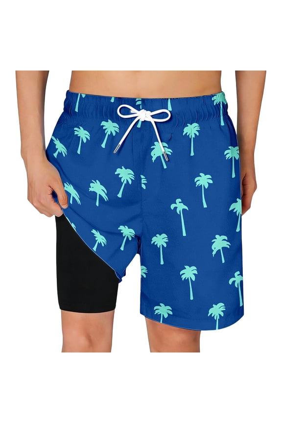 Boys Palm Tree Print Swim Trunks with Compression Liner Beach Shorts Size:5-6 Years