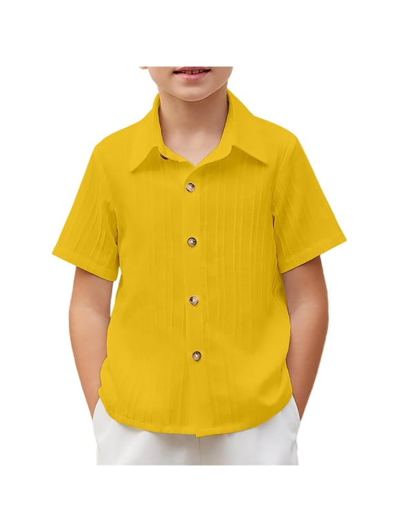 Boys Solid Color Short Sleeve Button Down Shirt with Gold Buttons for Kids Size:5-6 Years