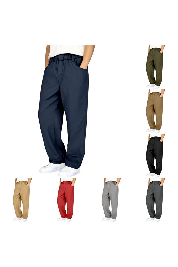 lnmuld Boys Solid Wide Leg Chino Pants Elastic Waist Belt Loops Side Pockets Kids Casual Trousers Navy,9-10 Years