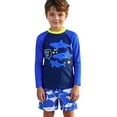 thumbnail image 1 of lnmuld Boys Swimsuit 2 Piece Long Sleeve Swim Set Cartoon Print Rash Guard & Board Shorts Sun Color:Blue,Size:5-6 Years, 1 of 8