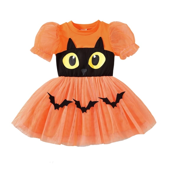 lnmuld Cat Bat Tutu Dress Puff Short Sleeve Solid Tulle Halloween Cosplay Party Outfit 3-4 Years