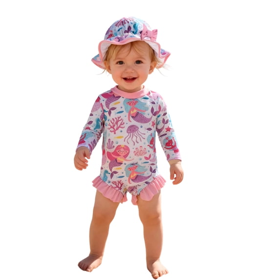 lnmuld Cute Baby Girls' 2-Piece Rash Guard Set Leopard Print Ruffle Sun Hat Color:Light Purple,Size:6-9 Months