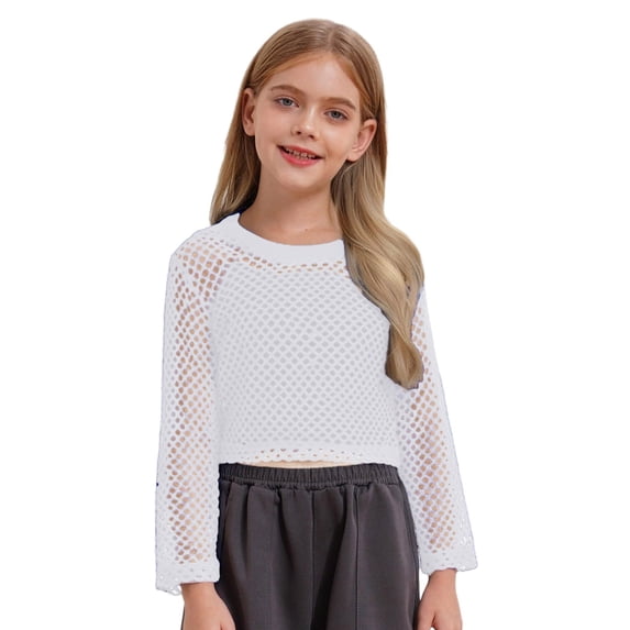 lnmuld Big Girls & Tweens Long Sleeve Mesh Hollow Out Blouse, Casual Top Sizeï¼9-10 Years