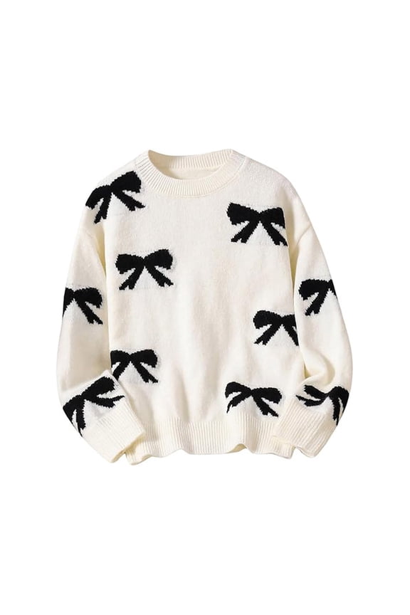 Cute Sweaters Girl's Cute Bow Sweater Crew Neck Long Sleeve Drop Shoulder Loose Pullover Tops Size:7Y