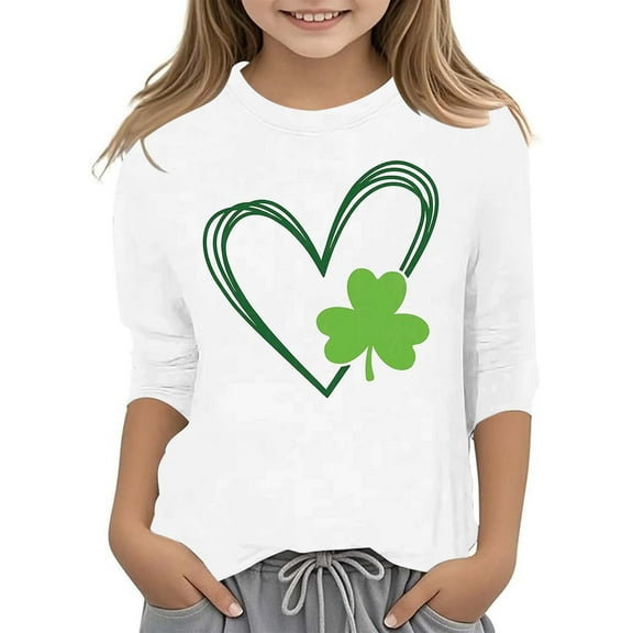 lnmuld Cute Tops Stylish Girls Graphic St Patricks Day Tee Fashionable Versatile Round Neck Three Quarter Sleeve Casual Shirt Size:3-4 Years