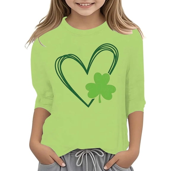 lnmuld Cute Tops Stylish Girls Graphic St Patricks Day Tee Fashionable Versatile Round Neck Three Quarter Sleeve Casual Shirt Size:7-8 Years