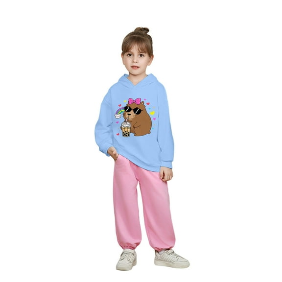 lnmuld Cute Tops for Teens Girls Hooded Sweatshirt Capybara Print Casual Loose Fit Long Sleeve Top for Toddler Kids Soft Comfortable Autumn Winter Outfits Size:4-5 Years