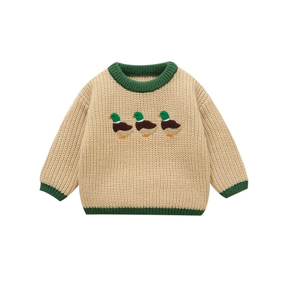 lnmuld Duck Embroidery Knit Sweater Crew Neck Long Sleeve Contrast Trim Casual Pullover Top for Kids Size:12-18 Months