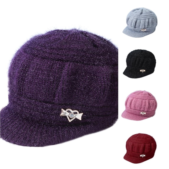 lnmuld Fluffy Faux Fur Newsboy Cap Heart Rhinestone Decor Peaked Hat for Women Size:One Size