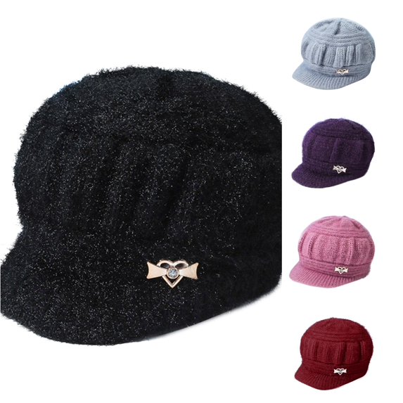 lnmuld Fluffy Faux Fur Newsboy Cap Heart Rhinestone Decor Peaked Hat for Women Size:One Size