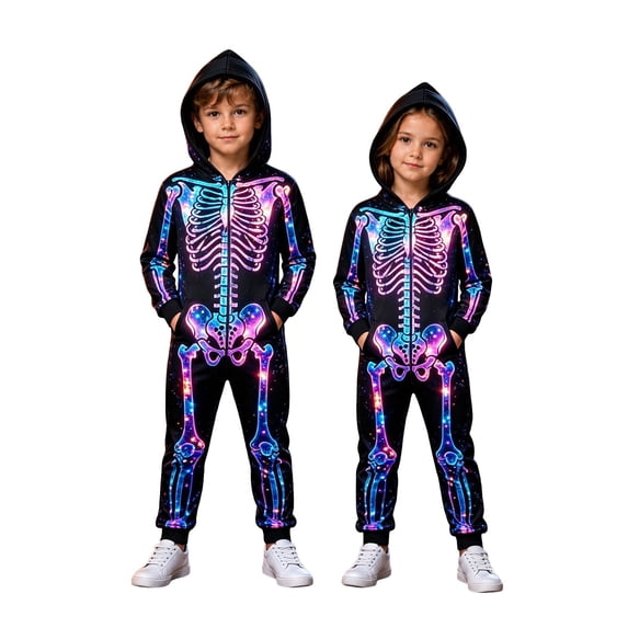 lnmuld Galaxy Space Skeleton Print Hooded Jumpsuit for Boys and Girls Full Zip Halloween Cosplay Costume with Side Pockets Size:5-6 Years