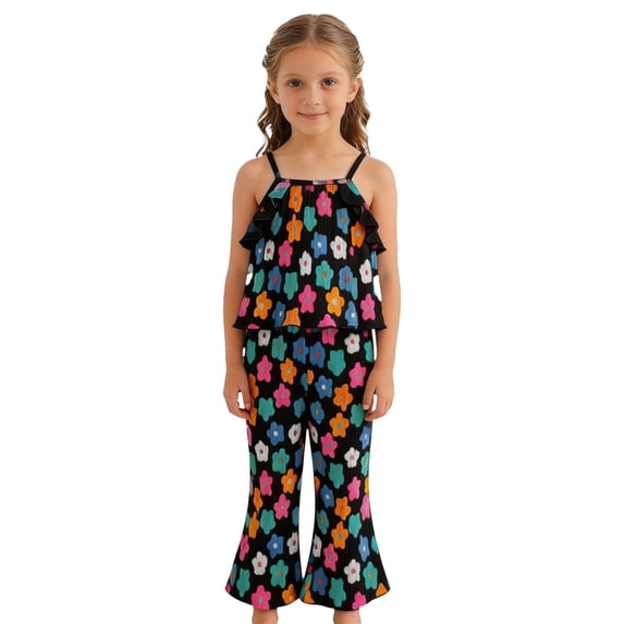 lnmuld Girls 2 Piece Floral Print Outfit Kids Spaghetti Strap Ruffle Top and Flare Pants Set Size:9-10 Years