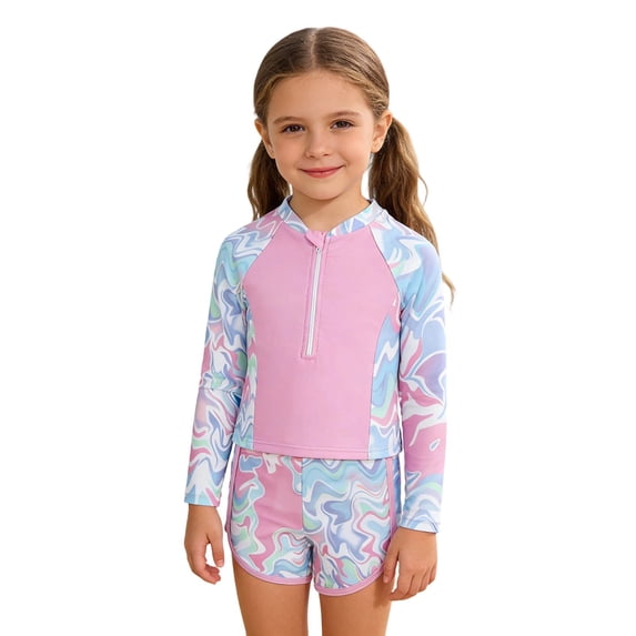 lnmuld Girls 2 Piece Long Sleeve Zip Rash Guard Swimsuit Set Color:Multicolour,Size:4-5 Years