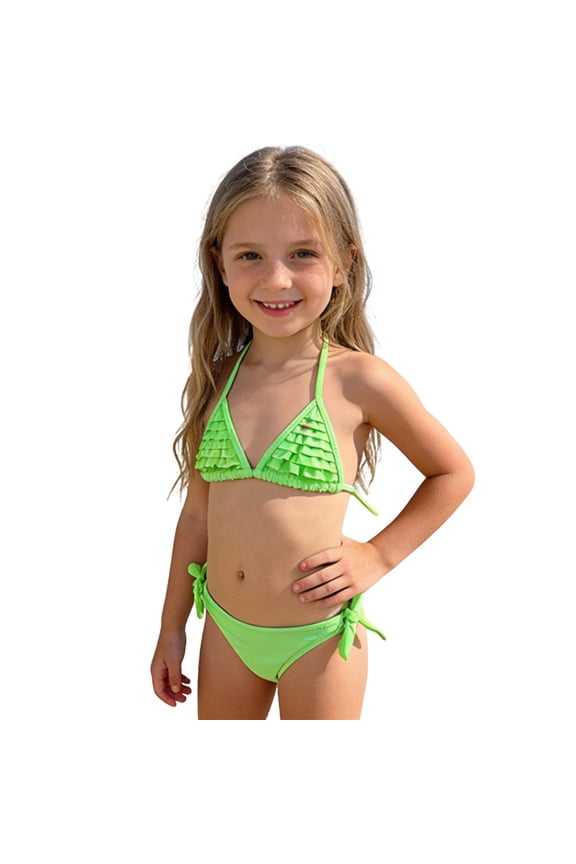 Girls 2 Piece Neon Green Triangle Bikini Set with Ruffle Trim & Side Tie Color:Green,Size:7-8 Years